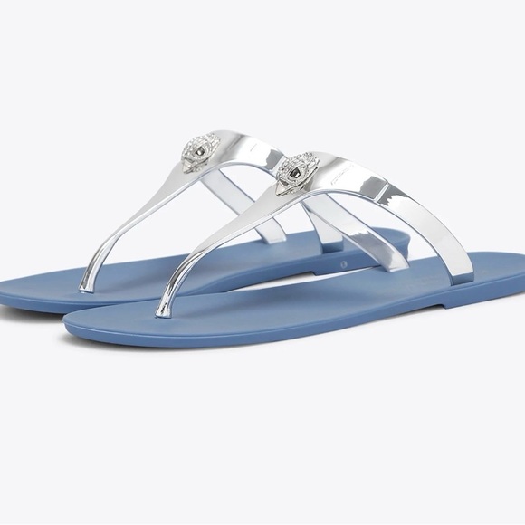 Kurt Geiger London Maddison T-Bar Metallic Silver and Blue Sandals Size 6 NEW - Picture 2 of 14